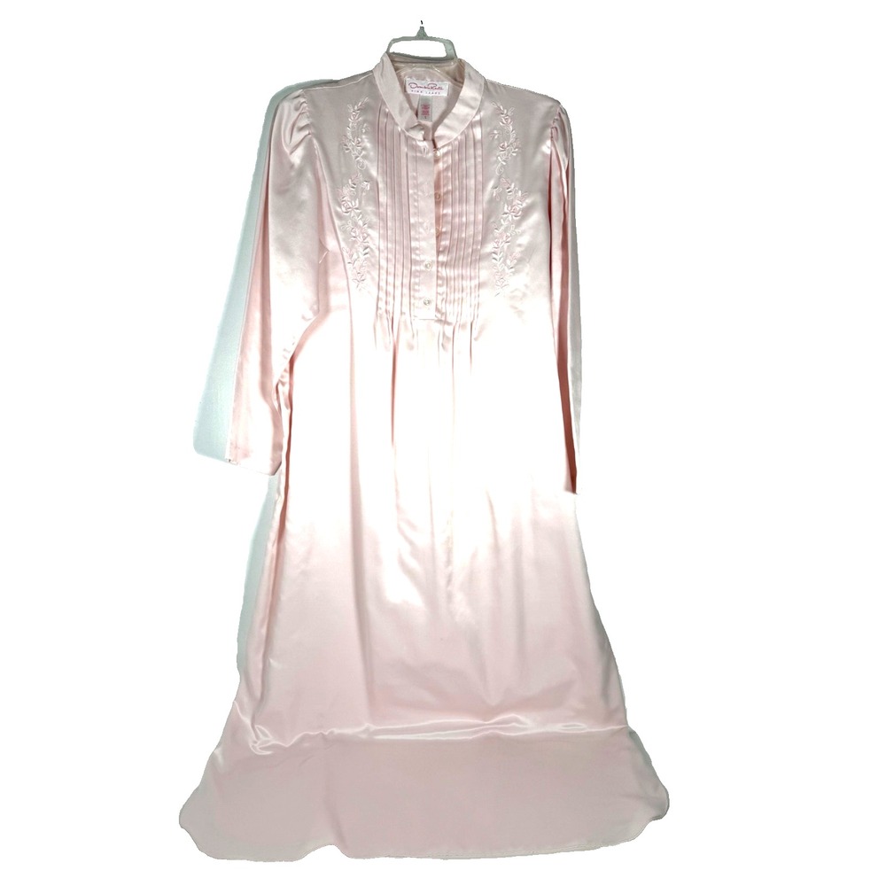 Oscar de la Renta Pink Label Satin Embroidered Nightgown Robe Size S Pink